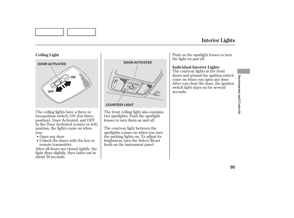 Interior lights | Acura 2005 TSX - Owner's Manual User Manual | Page 96 / 288