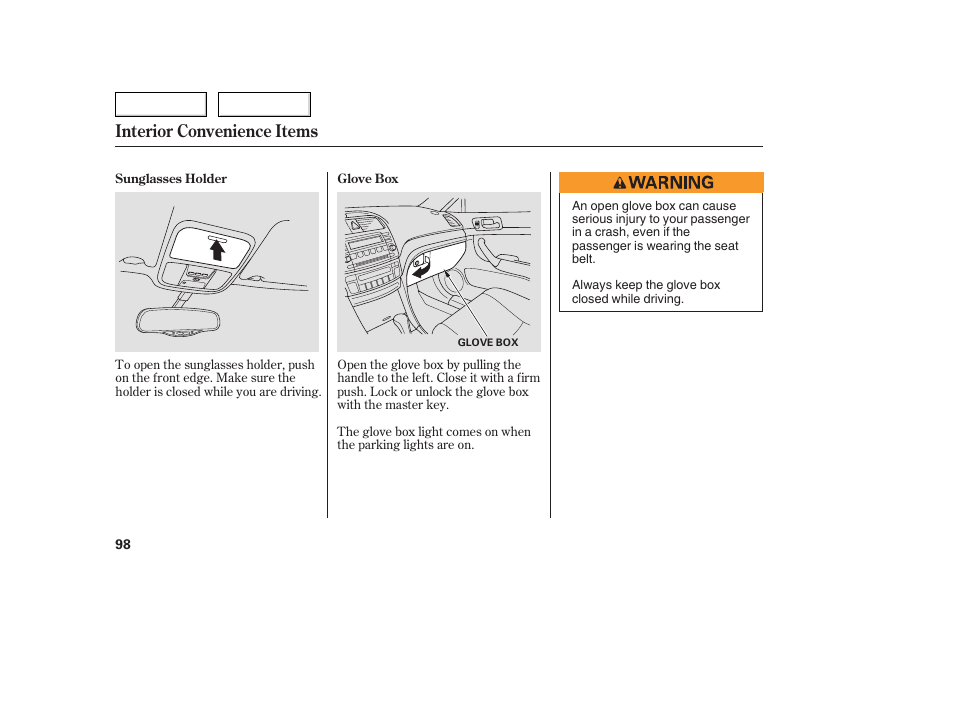 Interior convenience items | Acura 2005 TSX - Owner's Manual User Manual | Page 99 / 288