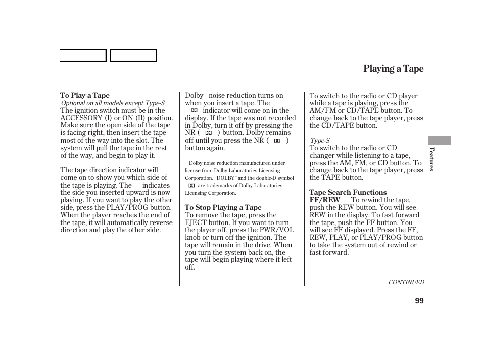 Playing a tape | Acura 2005 RSX - Owner's Manual User Manual | Page 100 / 243