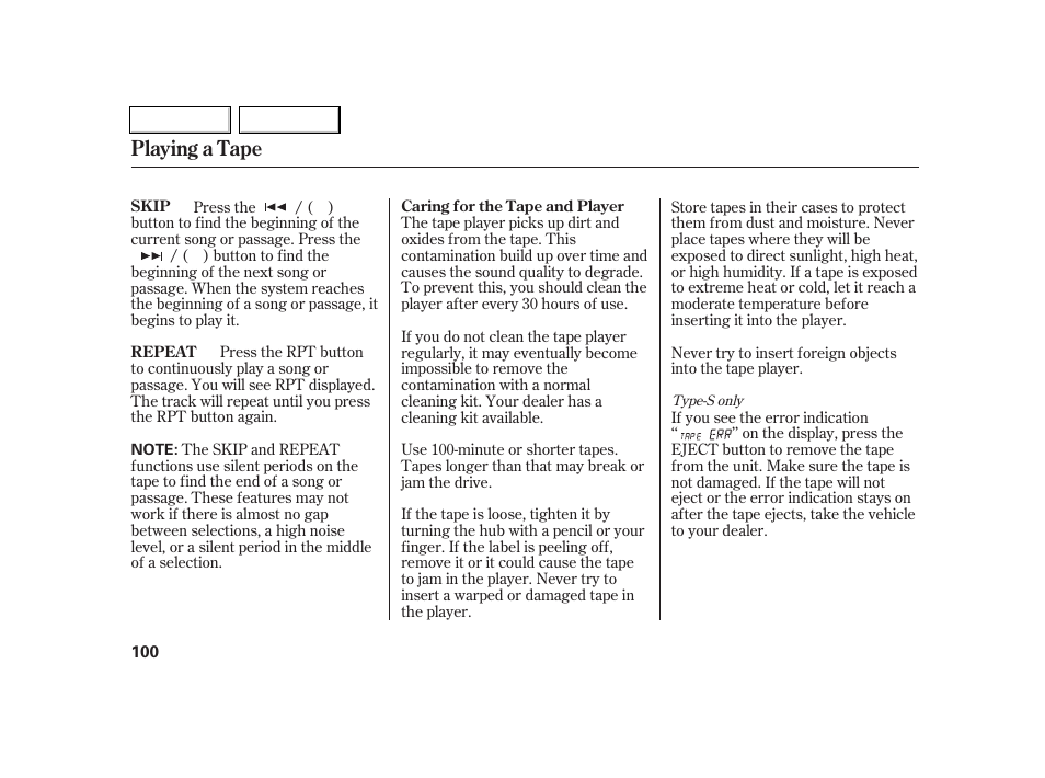 Playing a tape | Acura 2005 RSX - Owner's Manual User Manual | Page 101 / 243