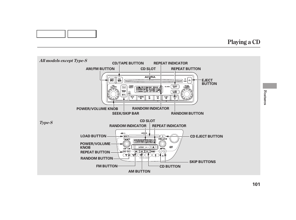 Playing a cd | Acura 2005 RSX - Owner's Manual User Manual | Page 102 / 243