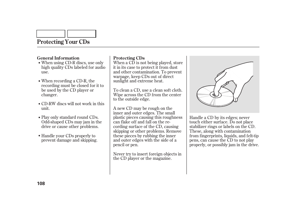 Protecting your cds | Acura 2005 RSX - Owner's Manual User Manual | Page 109 / 243