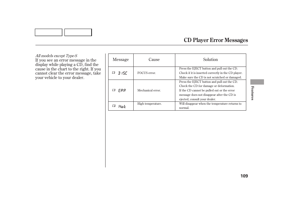 Cd player error messages | Acura 2005 RSX - Owner's Manual User Manual | Page 110 / 243