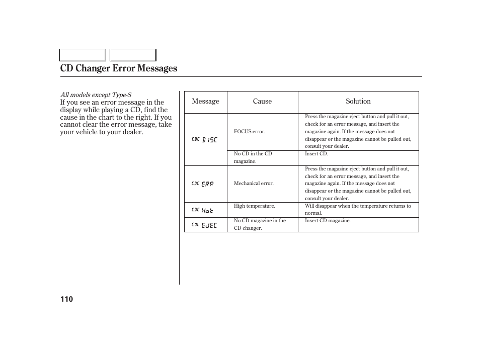 Cd changer error messages | Acura 2005 RSX - Owner's Manual User Manual | Page 111 / 243