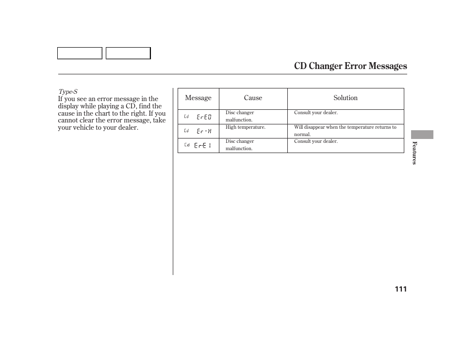 Cd changer error messages | Acura 2005 RSX - Owner's Manual User Manual | Page 112 / 243