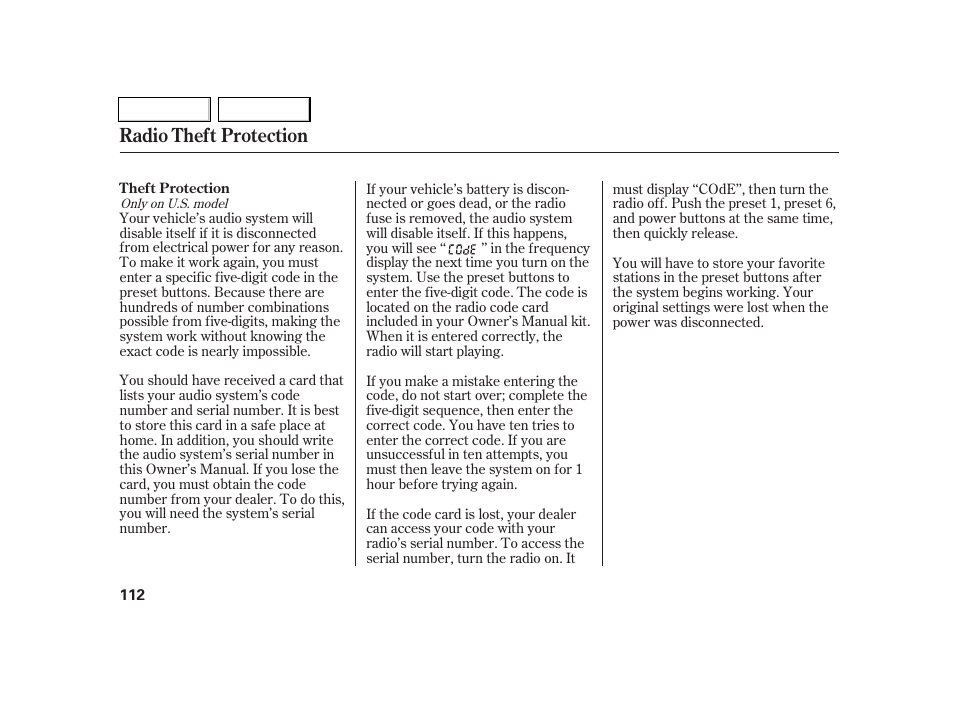 Radio theft protection | Acura 2005 RSX - Owner's Manual User Manual | Page 113 / 243