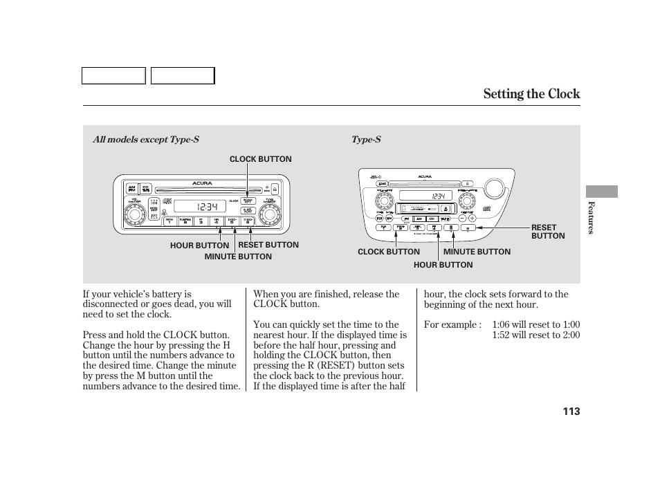 Setting the clock | Acura 2005 RSX - Owner's Manual User Manual | Page 114 / 243