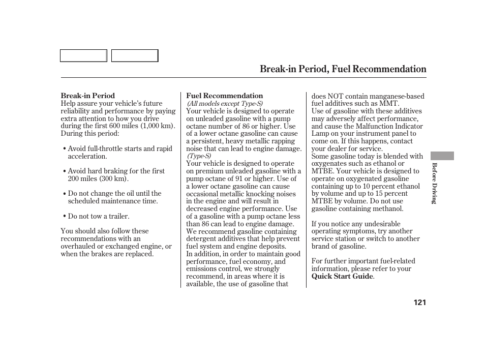 Break-in period, fuel recommendation | Acura 2005 RSX - Owner's Manual User Manual | Page 122 / 243