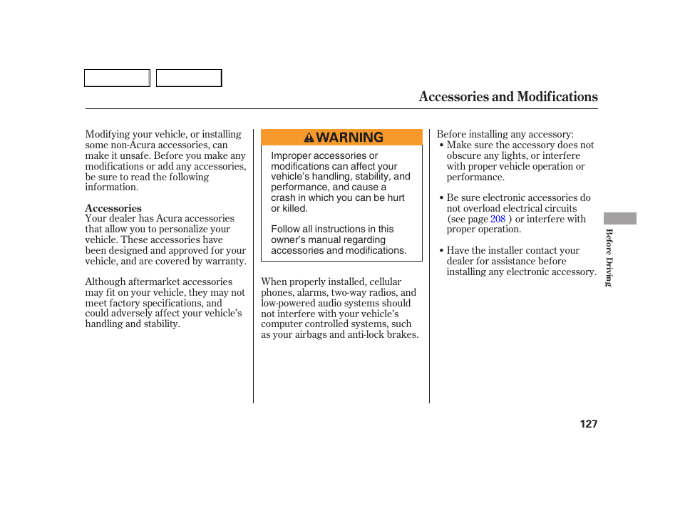 Accessories and modifications | Acura 2005 RSX - Owner's Manual User Manual | Page 128 / 243