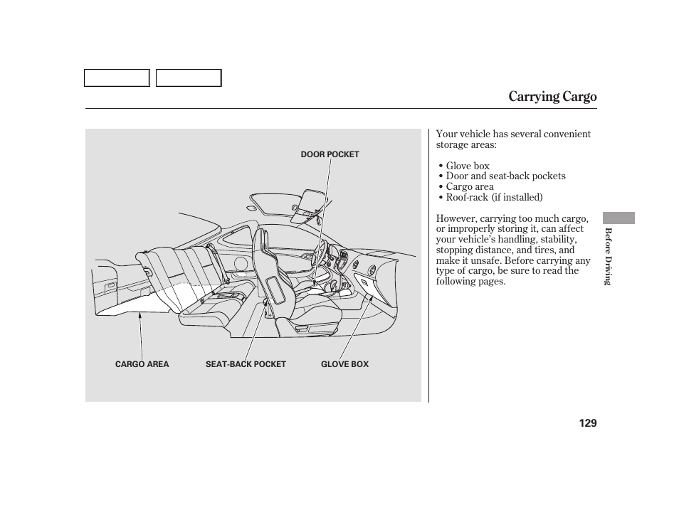 Carrying cargo | Acura 2005 RSX - Owner's Manual User Manual | Page 130 / 243