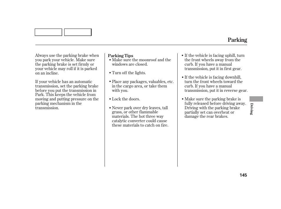 Parking | Acura 2005 RSX - Owner's Manual User Manual | Page 146 / 243