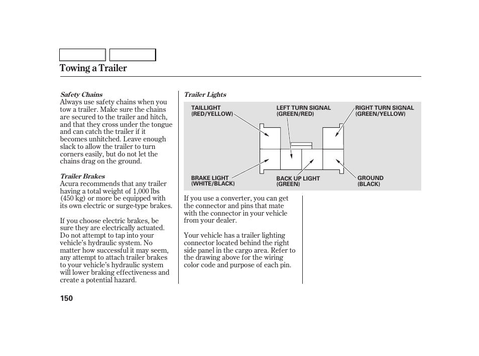 Towing a trailer | Acura 2005 RSX - Owner's Manual User Manual | Page 151 / 243