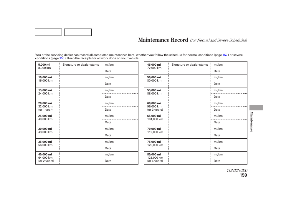 Maintenance record | Acura 2005 RSX - Owner's Manual User Manual | Page 160 / 243
