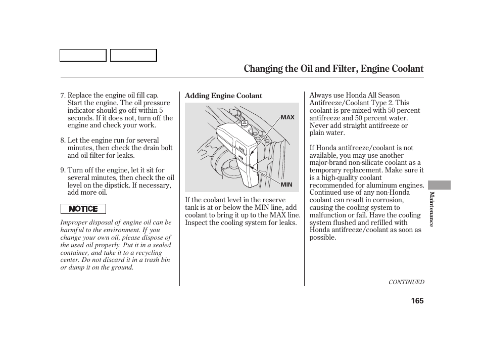 Changing the oil and filter, engine coolant | Acura 2005 RSX - Owner's Manual User Manual | Page 166 / 243