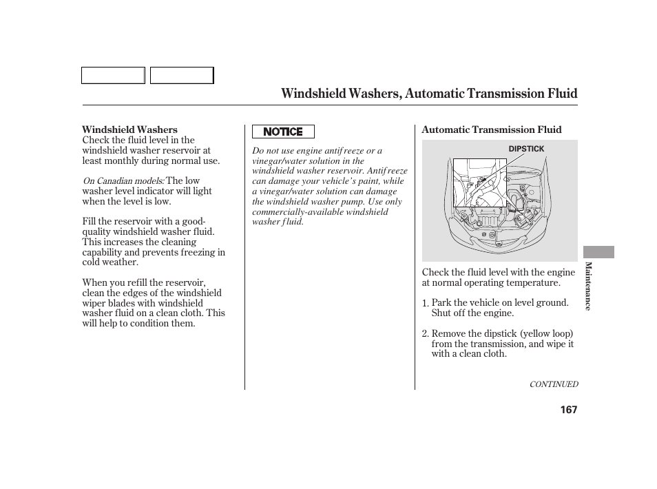 Windshield washers, automatic transmission fluid | Acura 2005 RSX - Owner's Manual User Manual | Page 168 / 243