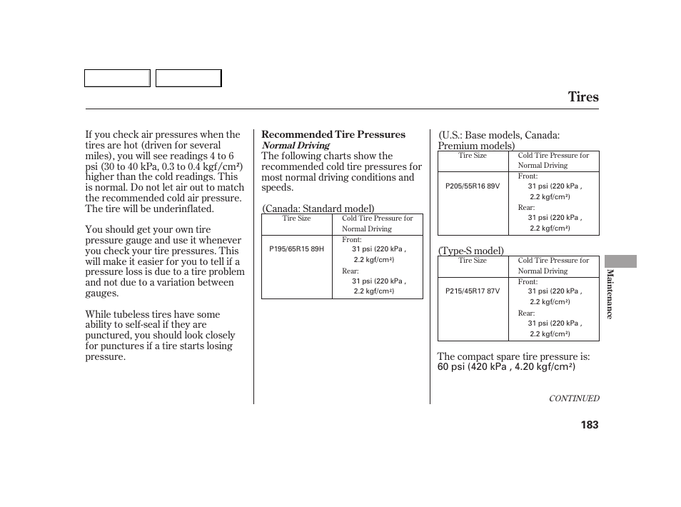 Tires | Acura 2005 RSX - Owner's Manual User Manual | Page 184 / 243