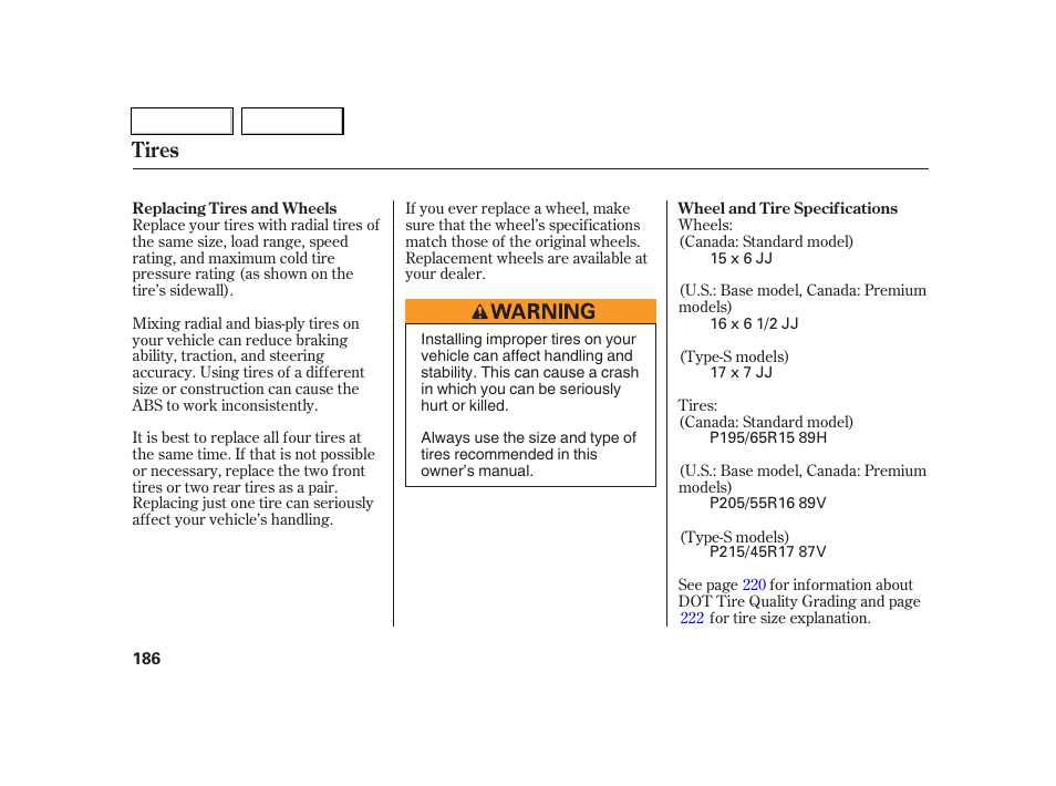 Tires | Acura 2005 RSX - Owner's Manual User Manual | Page 187 / 243