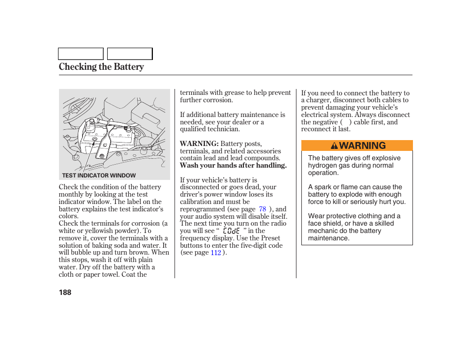 Checking the battery | Acura 2005 RSX - Owner's Manual User Manual | Page 189 / 243
