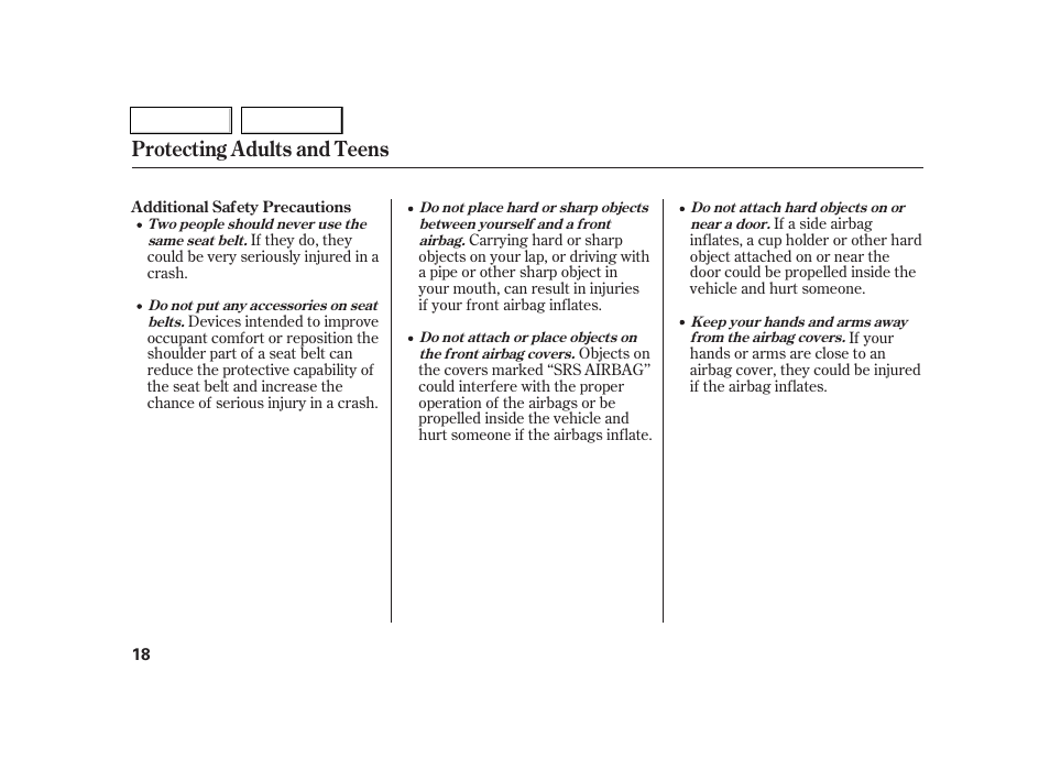 Protecting adults and teens | Acura 2005 RSX - Owner's Manual User Manual | Page 19 / 243