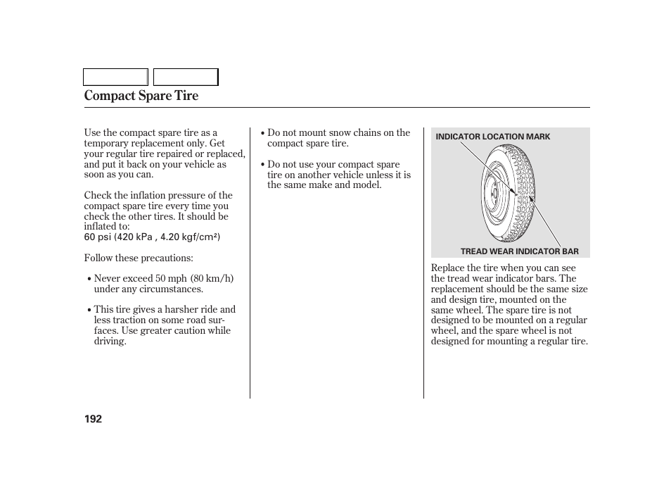 Compact spare tire | Acura 2005 RSX - Owner's Manual User Manual | Page 193 / 243