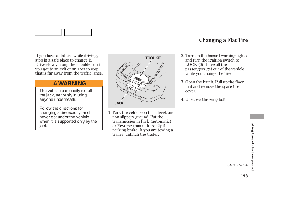 Changing a flat tire | Acura 2005 RSX - Owner's Manual User Manual | Page 194 / 243