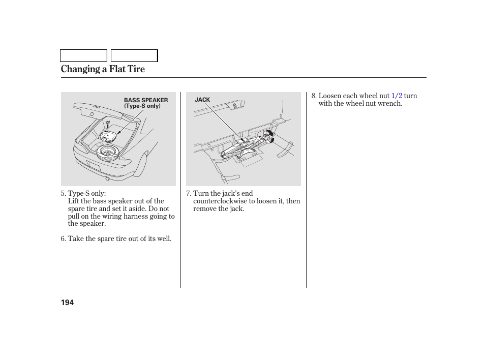 Changing a flat tire | Acura 2005 RSX - Owner's Manual User Manual | Page 195 / 243