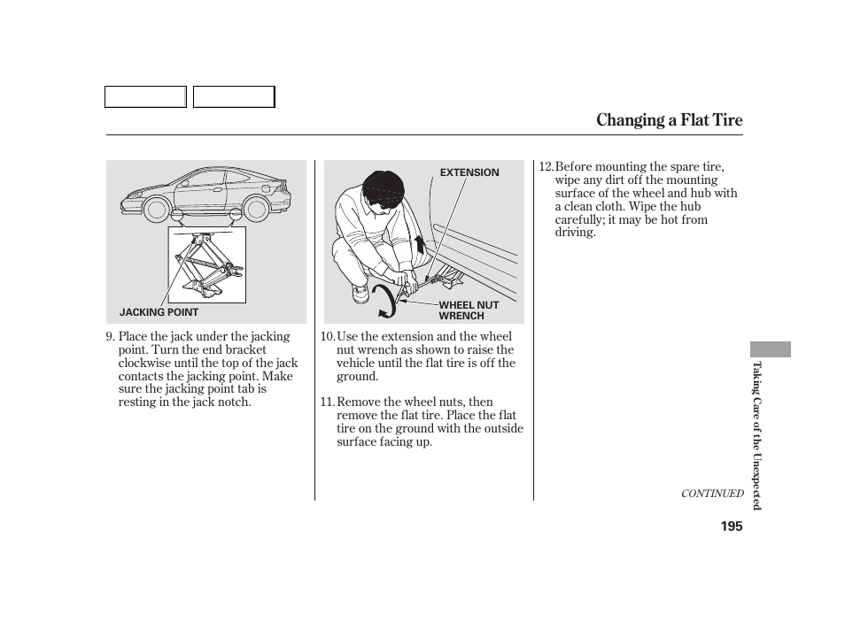 Changing a flat tire | Acura 2005 RSX - Owner's Manual User Manual | Page 196 / 243