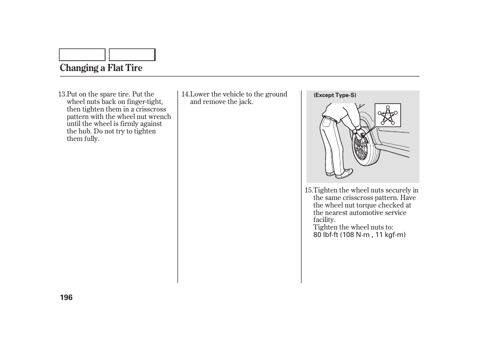 Changing a flat tire | Acura 2005 RSX - Owner's Manual User Manual | Page 197 / 243