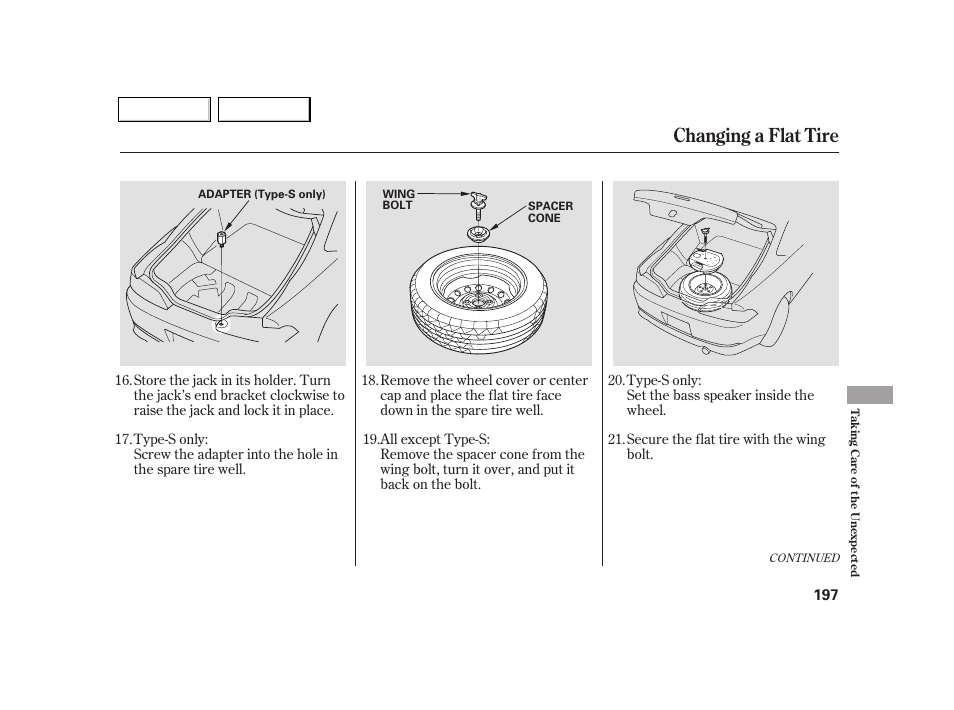 Changing a flat tire | Acura 2005 RSX - Owner's Manual User Manual | Page 198 / 243