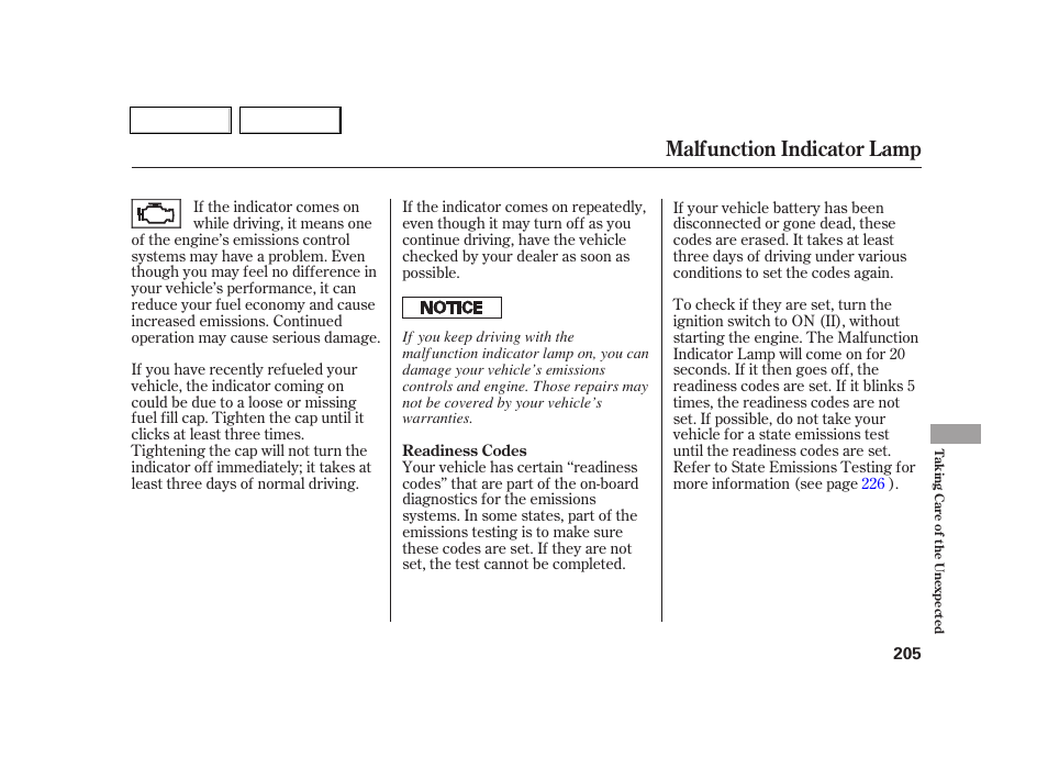 Malfunction indicator lamp | Acura 2005 RSX - Owner's Manual User Manual | Page 206 / 243