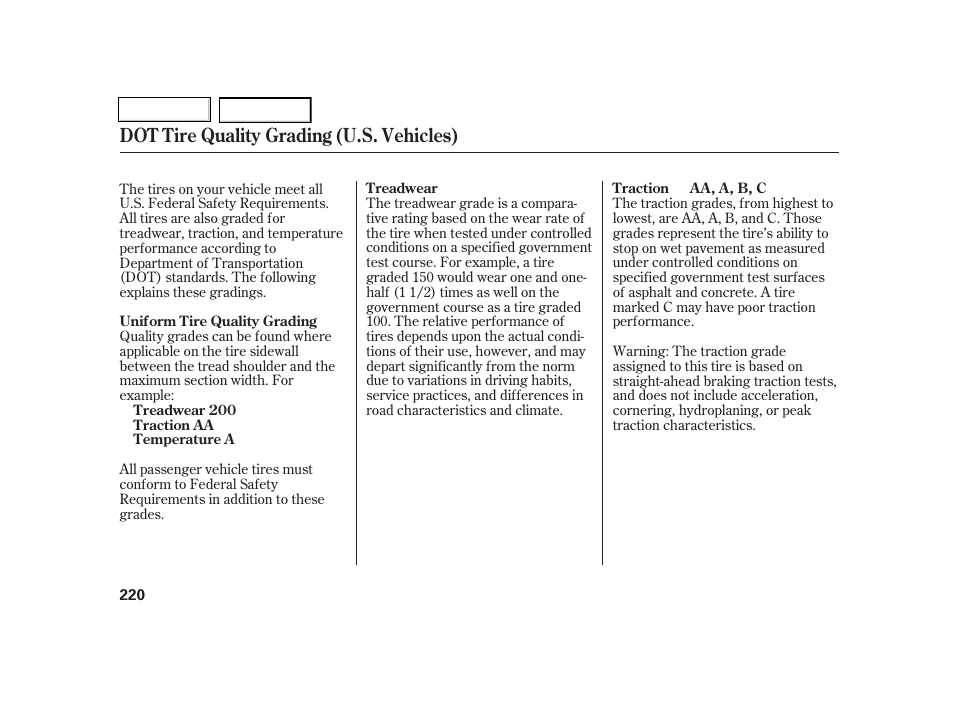 Dot tire quality grading (u.s. vehicles) | Acura 2005 RSX - Owner's Manual User Manual | Page 221 / 243