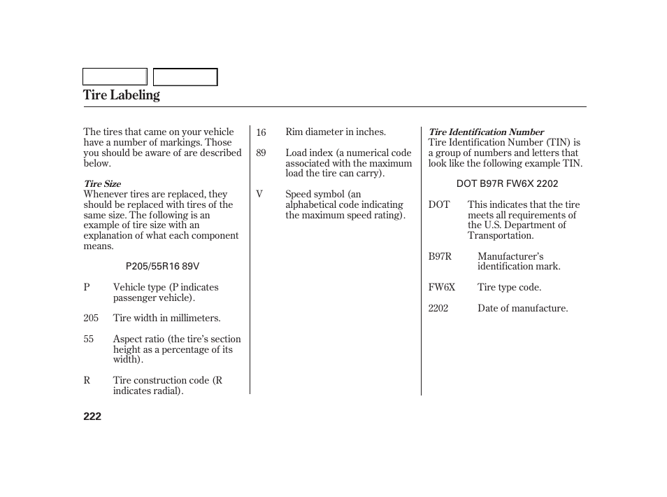 Tire labeling | Acura 2005 RSX - Owner's Manual User Manual | Page 223 / 243