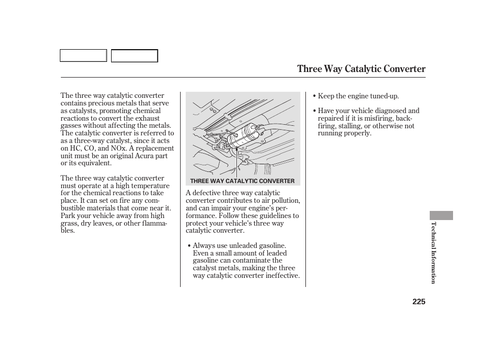 Three way catalytic converter | Acura 2005 RSX - Owner's Manual User Manual | Page 226 / 243