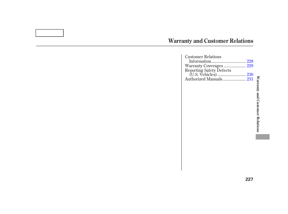 Warranty and customer relations | Acura 2005 RSX - Owner's Manual User Manual | Page 228 / 243