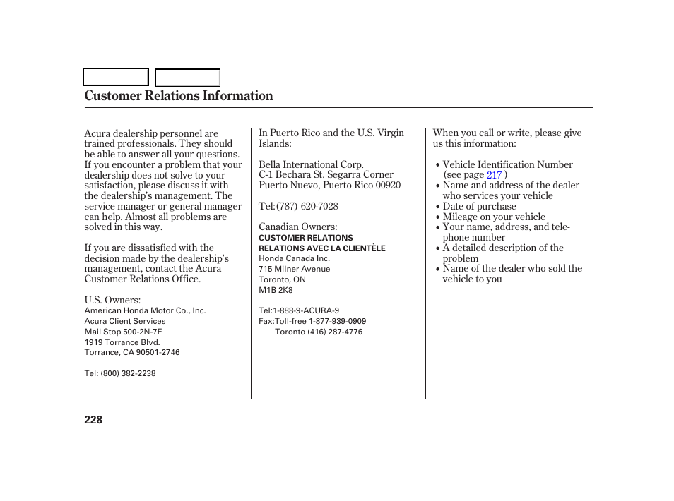 Customer relations information | Acura 2005 RSX - Owner's Manual User Manual | Page 229 / 243