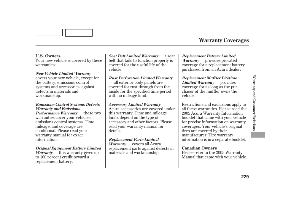 Warranty coverages | Acura 2005 RSX - Owner's Manual User Manual | Page 230 / 243