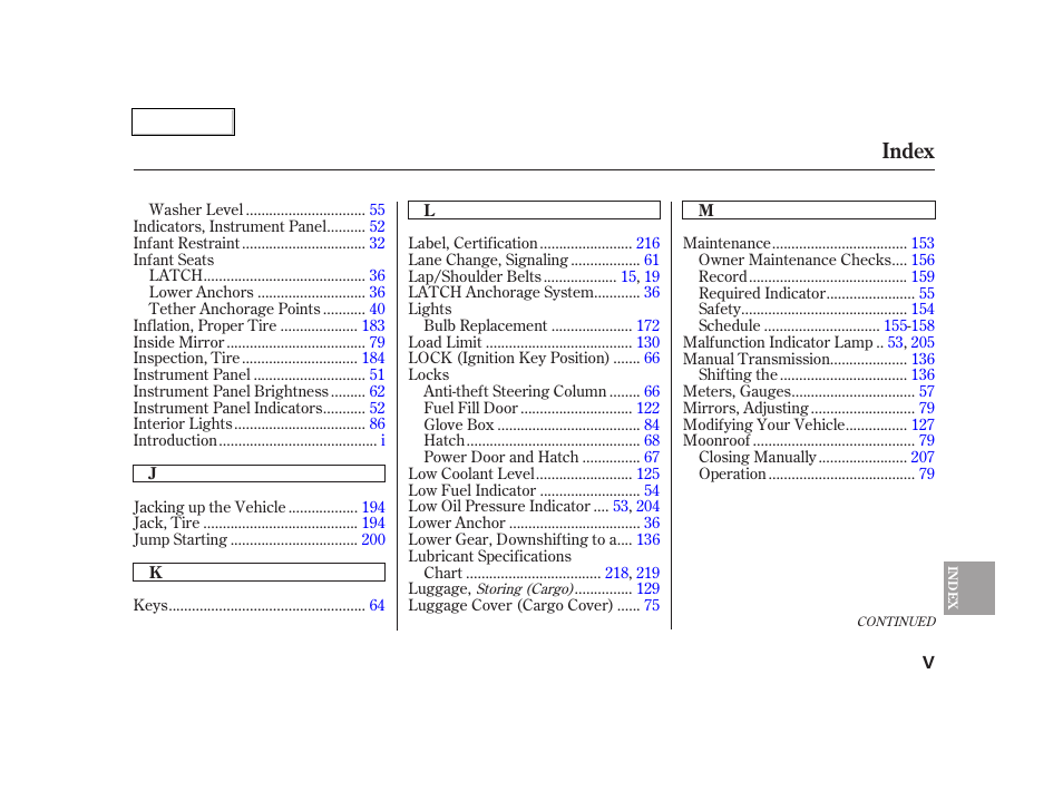 Index | Acura 2005 RSX - Owner's Manual User Manual | Page 238 / 243