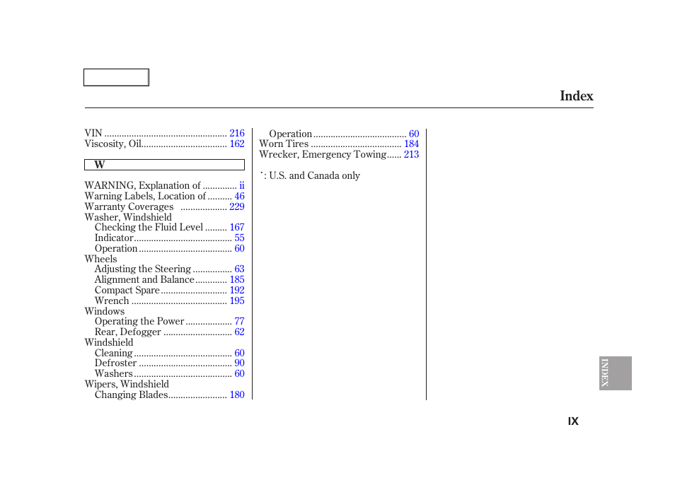 Index | Acura 2005 RSX - Owner's Manual User Manual | Page 242 / 243