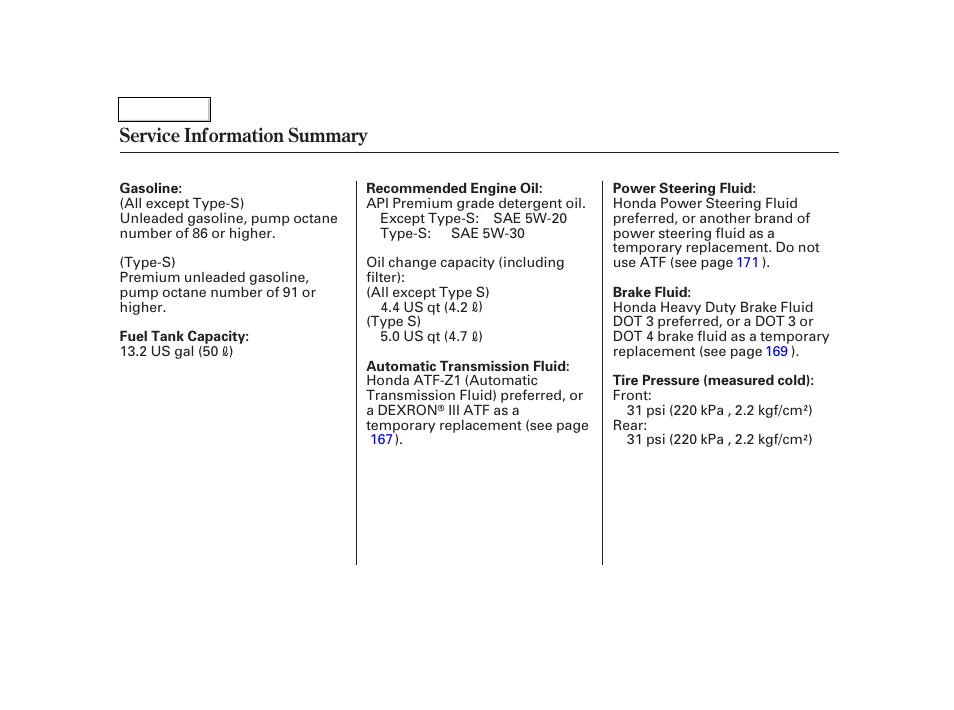 Service information summary | Acura 2005 RSX - Owner's Manual User Manual | Page 243 / 243