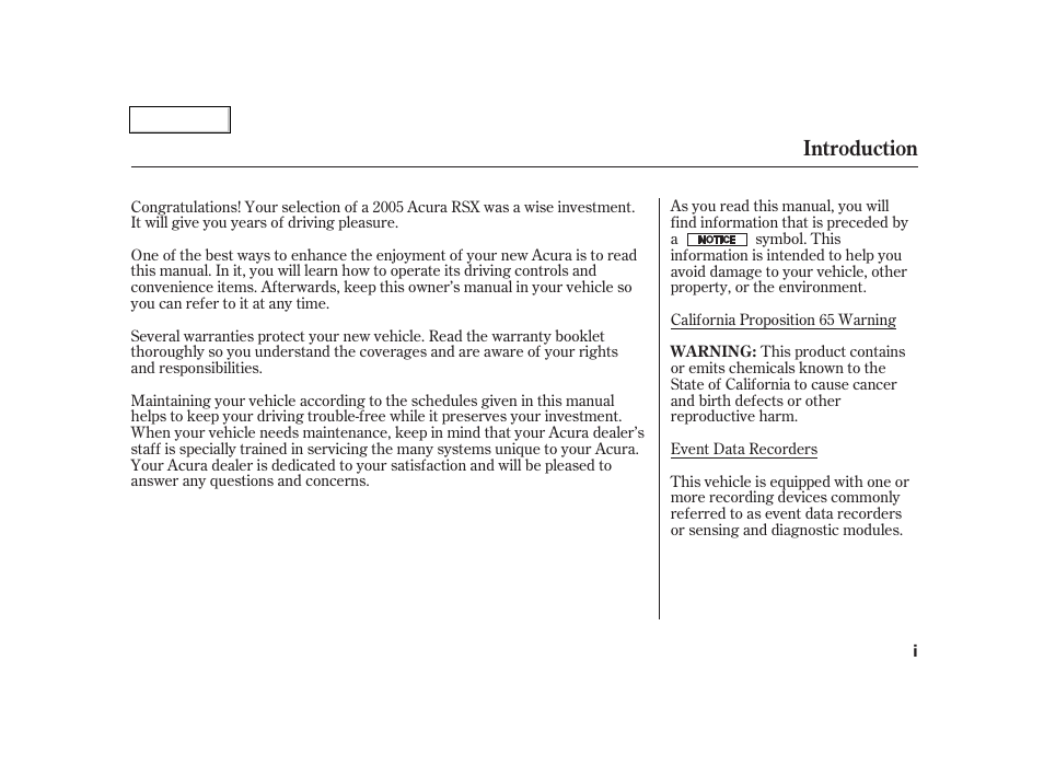 Introduction | Acura 2005 RSX - Owner's Manual User Manual | Page 3 / 243