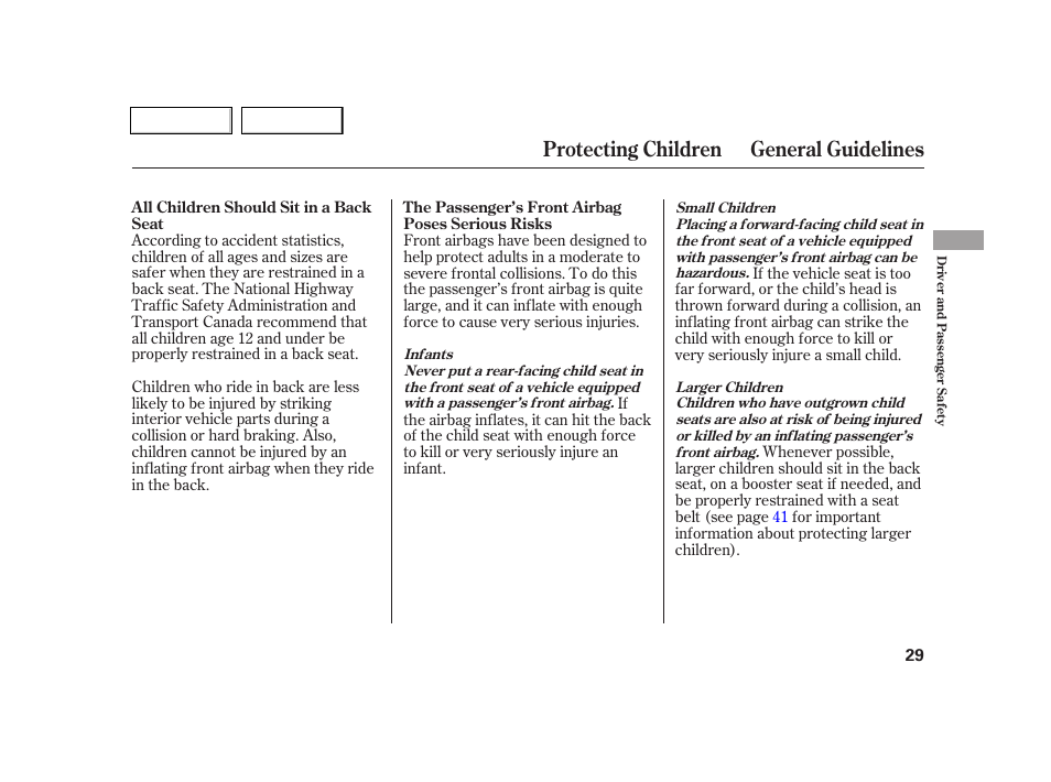 Protecting children general guidelines | Acura 2005 RSX - Owner's Manual User Manual | Page 30 / 243