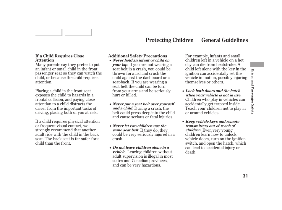 Protecting children general guidelines | Acura 2005 RSX - Owner's Manual User Manual | Page 32 / 243