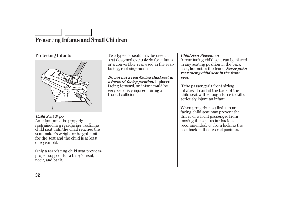 Protecting infants and small children | Acura 2005 RSX - Owner's Manual User Manual | Page 33 / 243
