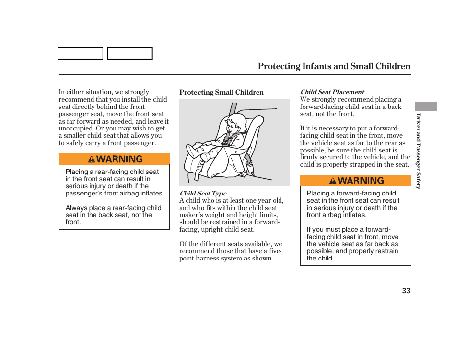 Protecting infants and small children | Acura 2005 RSX - Owner's Manual User Manual | Page 34 / 243