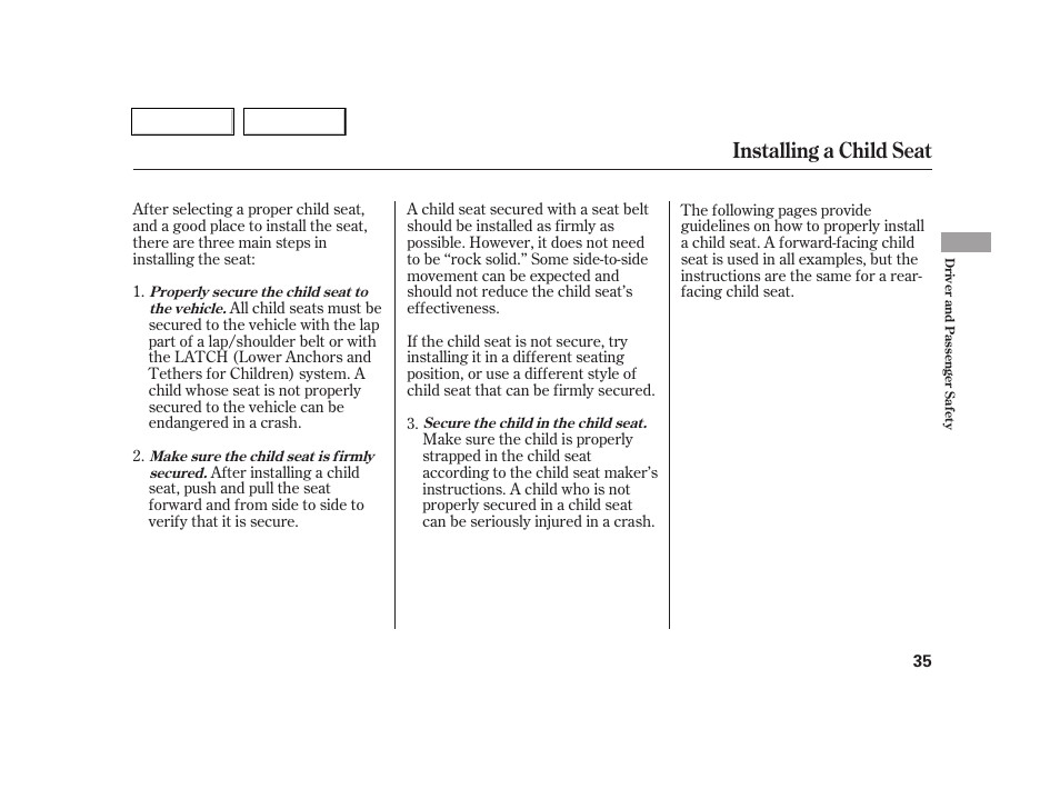 Installing a child seat | Acura 2005 RSX - Owner's Manual User Manual | Page 36 / 243