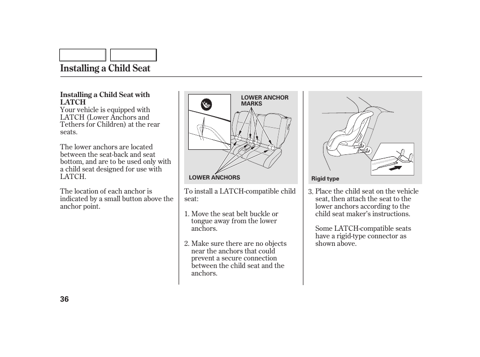 Installing a child seat | Acura 2005 RSX - Owner's Manual User Manual | Page 37 / 243