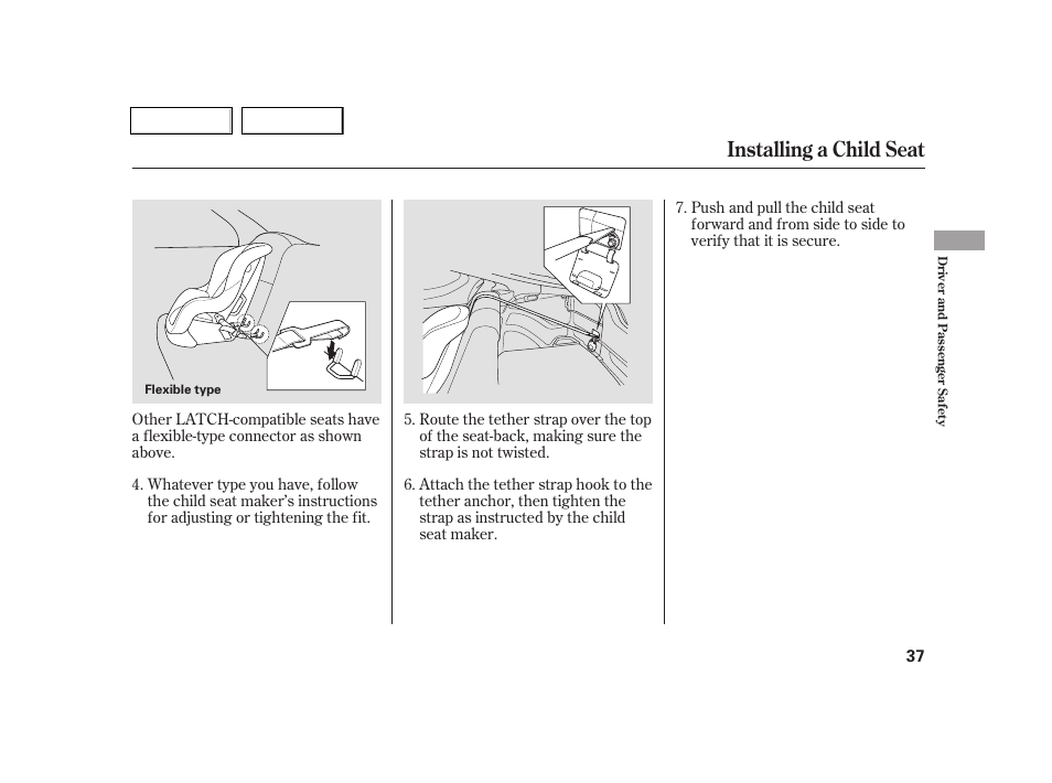 Installing a child seat | Acura 2005 RSX - Owner's Manual User Manual | Page 38 / 243