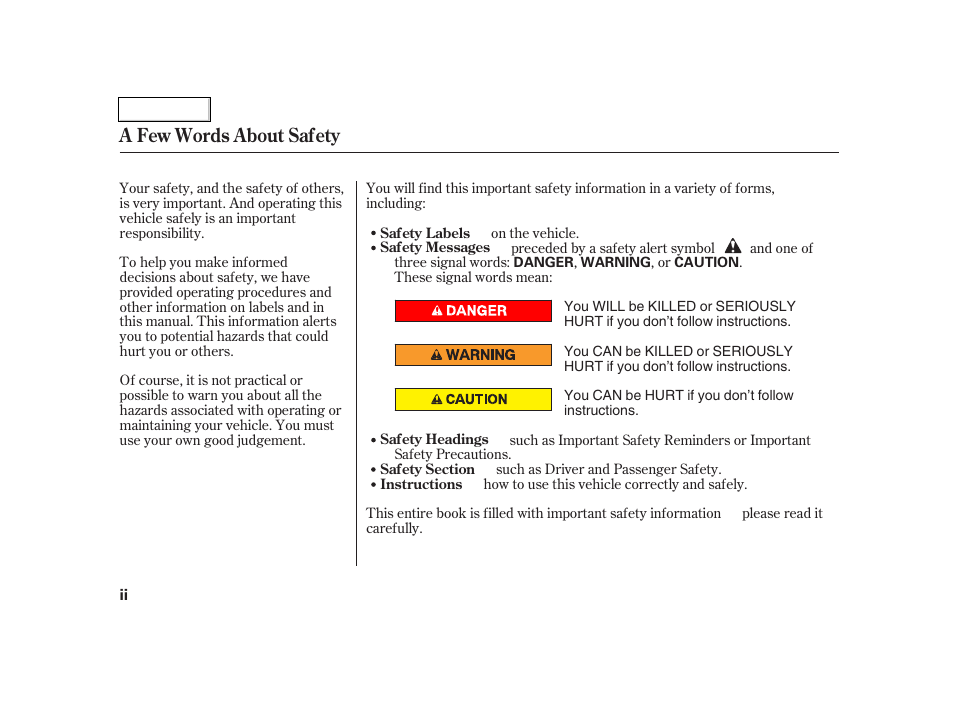 A few words about safety | Acura 2005 RSX - Owner's Manual User Manual | Page 4 / 243