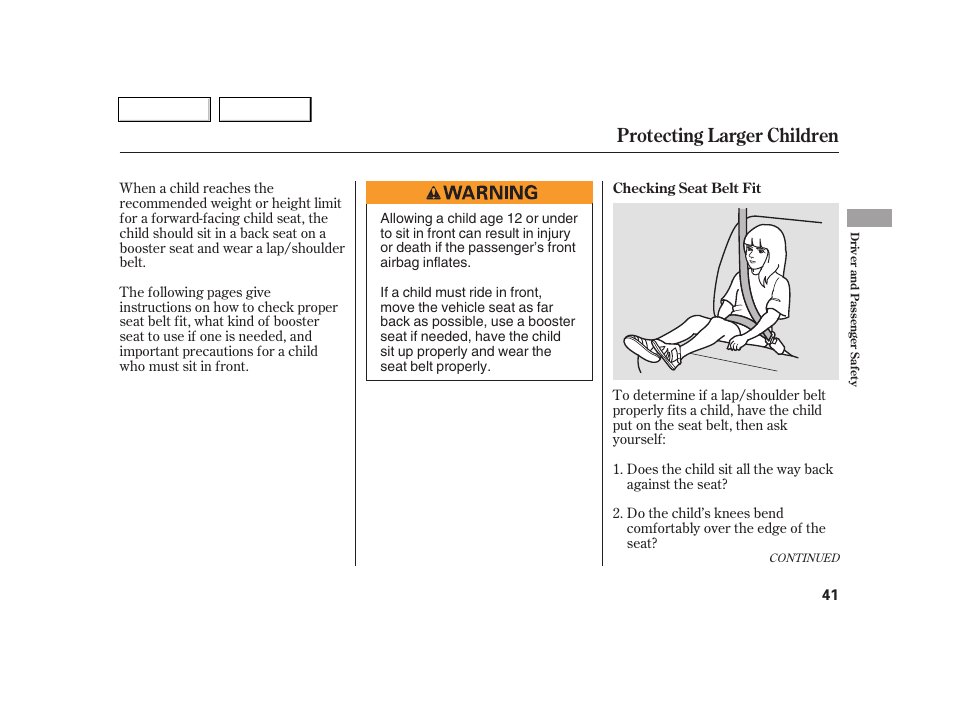 Protecting larger children | Acura 2005 RSX - Owner's Manual User Manual | Page 42 / 243