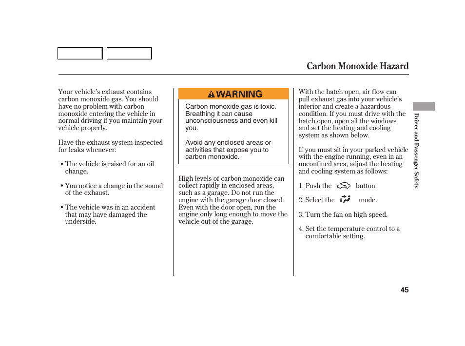 Carbon monoxide hazard | Acura 2005 RSX - Owner's Manual User Manual | Page 46 / 243
